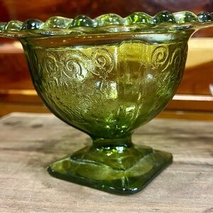 Vtg Indiana Avocado Green Footed Compote/Trinket Bowl Dish With Open Lace Rim